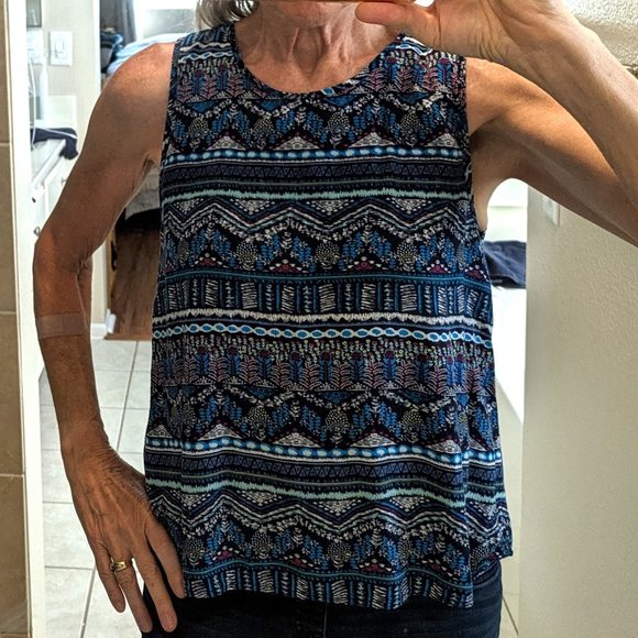 Elodie sleeveless teal-blue-black-magenta geometric scoop-neck tank top Sz M-L - Picture 4 of 11